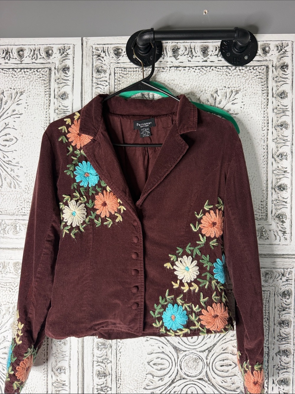Persaman Women's Maroon Corduroy Floral Embroidered Jacket